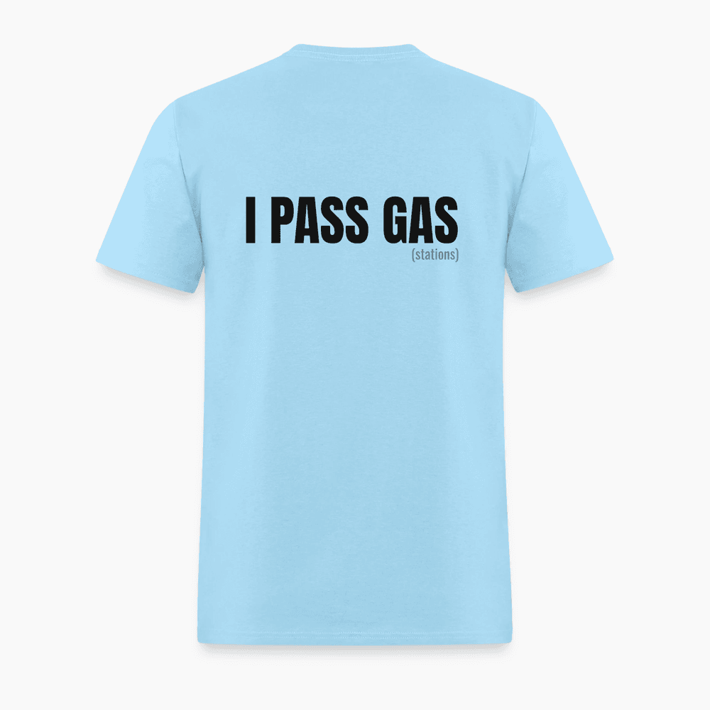 Back of the EV Authority tee in light blue: large text reading I Pass Gas (stations)
