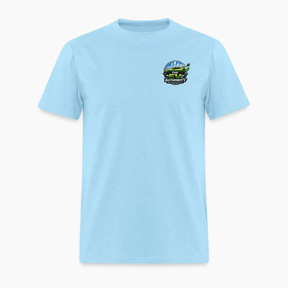 Front of the EV Authority tee in light blue: EV Authority logo on the left chest