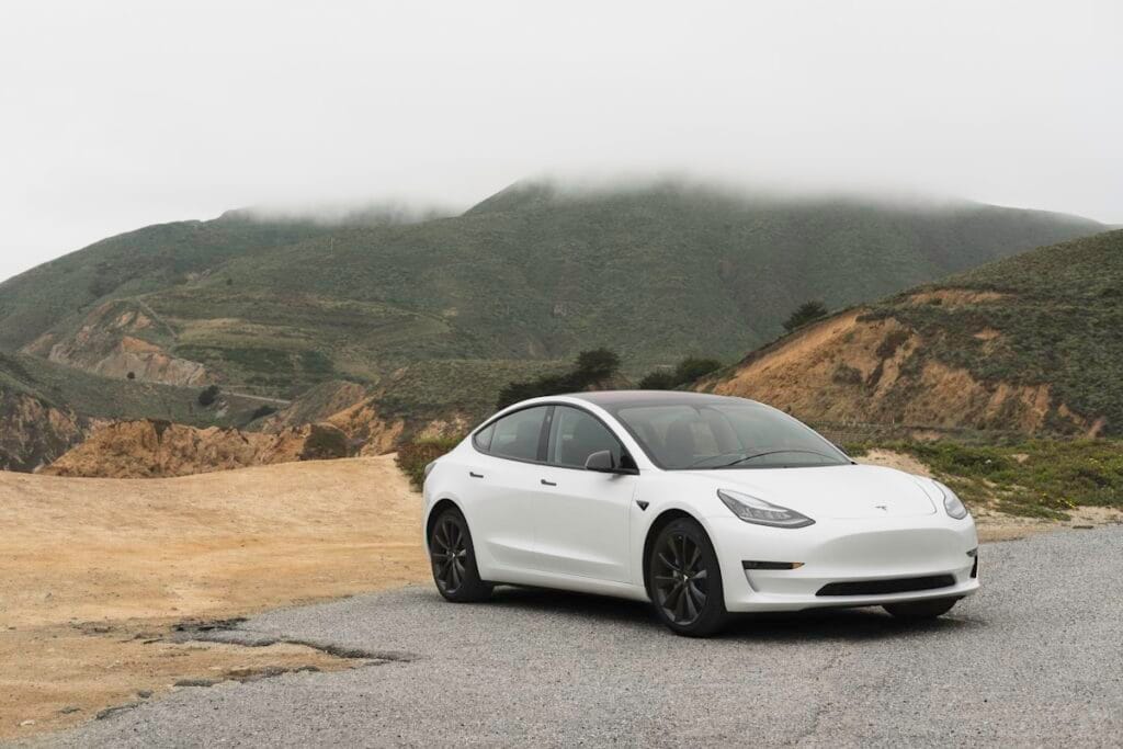 White Tesla Model 3 parked in scenic mountain landscape