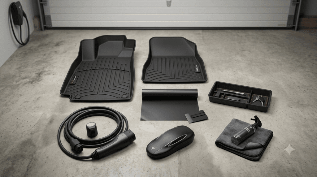 First Tesla accessories laid out in a garage: floor mats, charging cable, screen protector, trunk organizer and cleaning kit