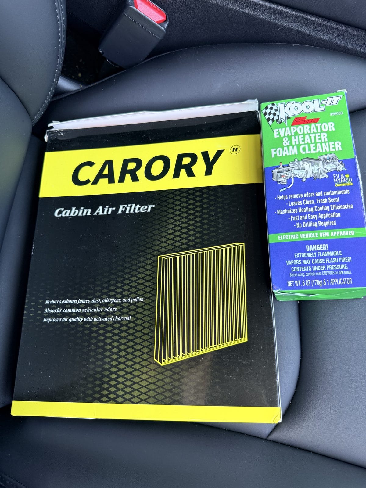 Tesla Model Y cabin air filter replacement supplies: CARORY filter kit and Kool-It evaporator foam cleaner