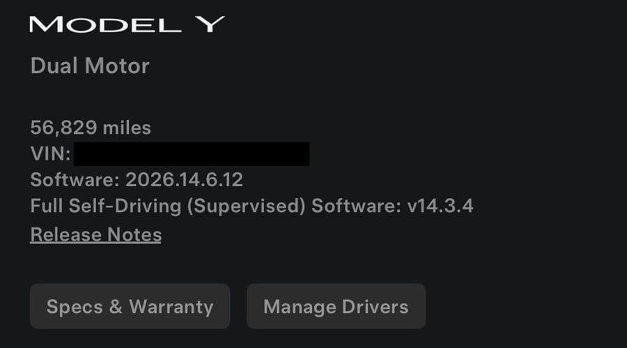 Tesla Model Y odometer at 56,829 miles with software versions