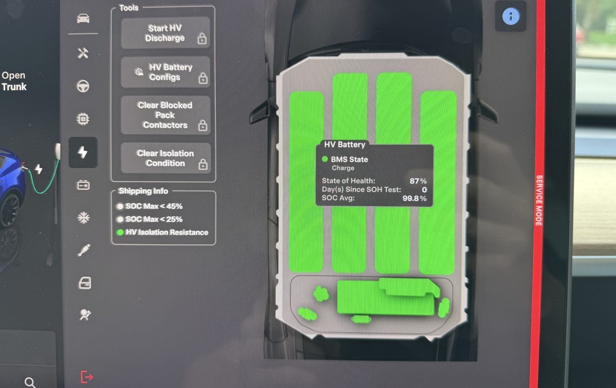 Tesla Service Mode battery health test result: 87% state of health at 56,829 miles on a 2023 Model Y Long Range