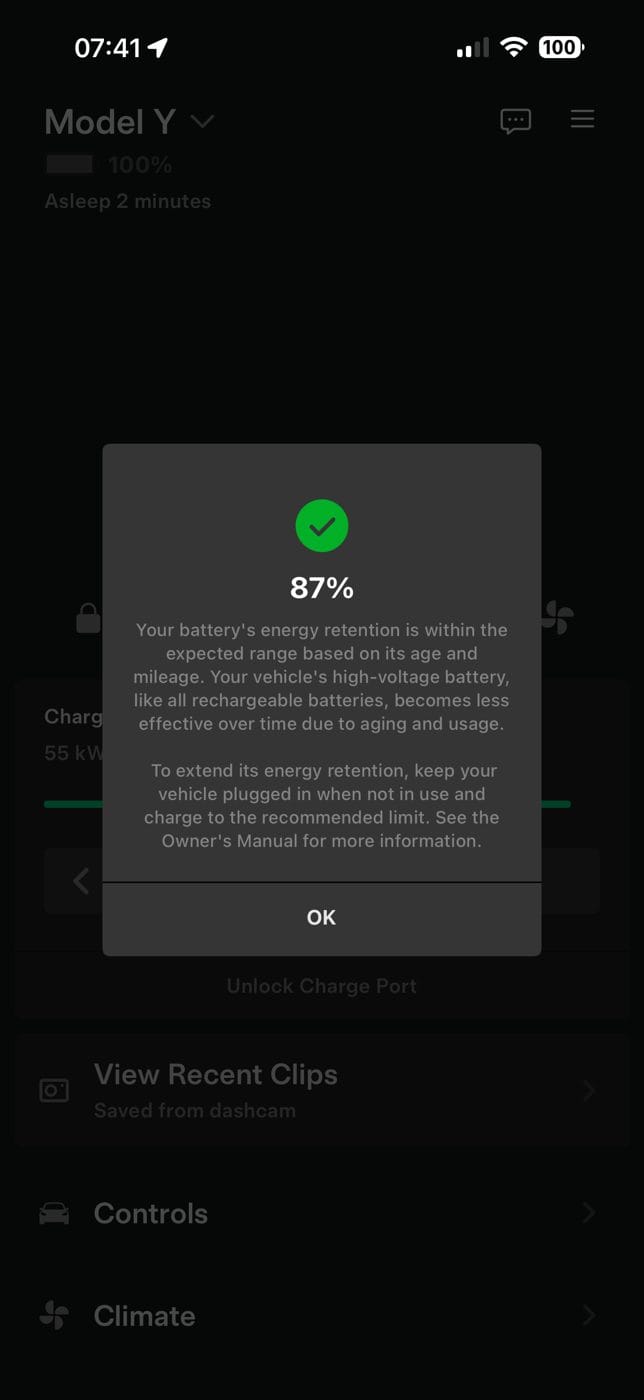 Tesla app battery health result showing 87% energy retention, within the expected range