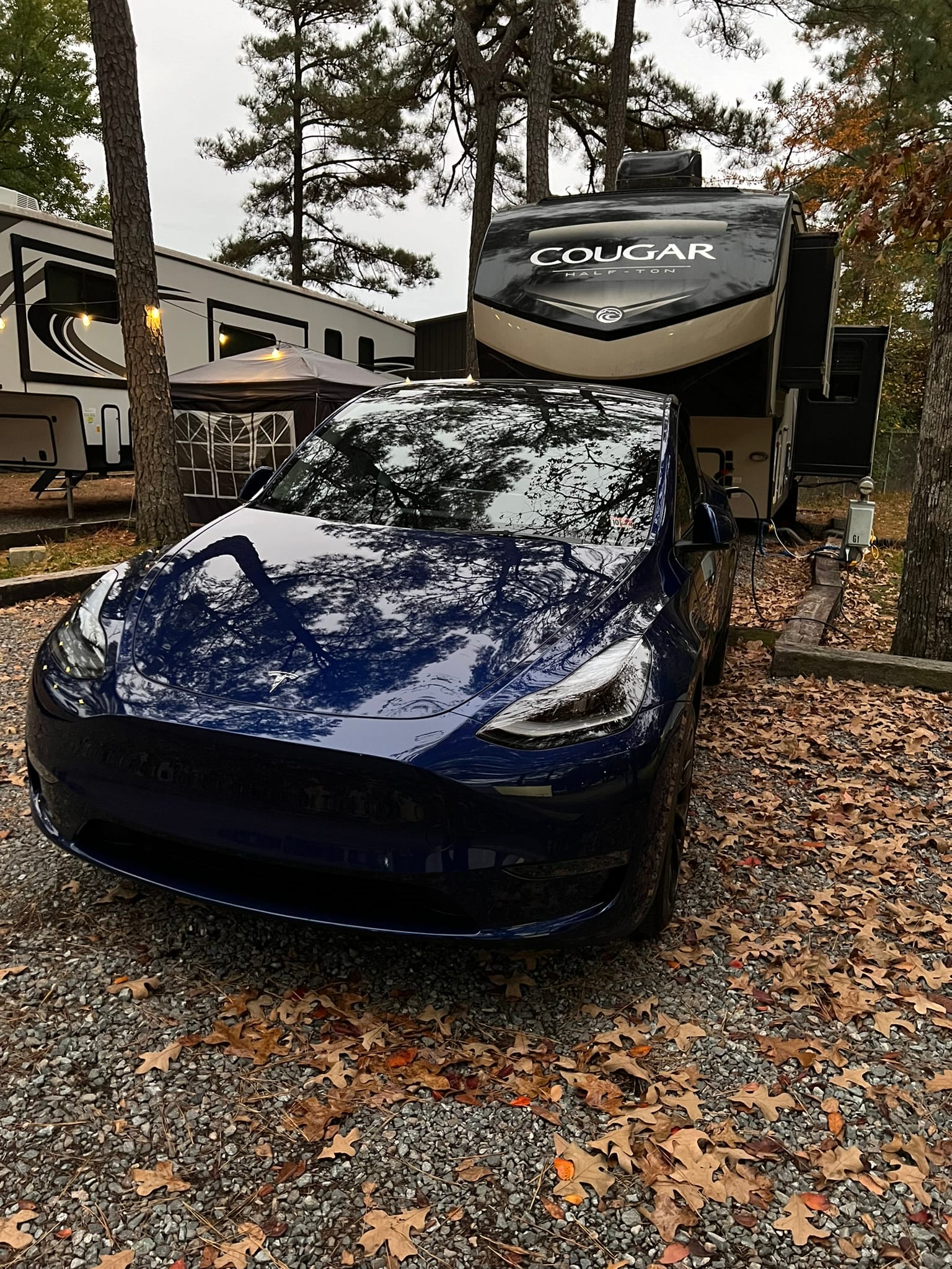 Blue Tesla Model Y parked and charging at a campsite beside a Cougar camper and power pedestal