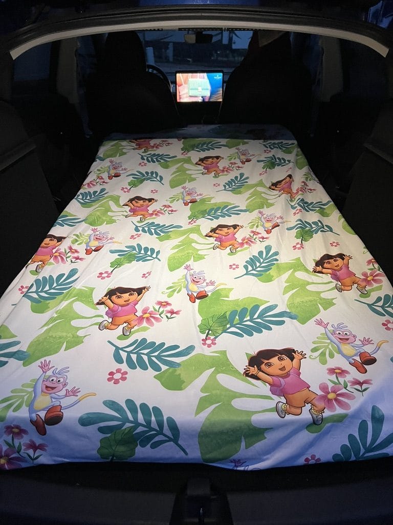 Tesla camping setup in the back of a Model Y with a mattress made up on the folded rear seats at a campground