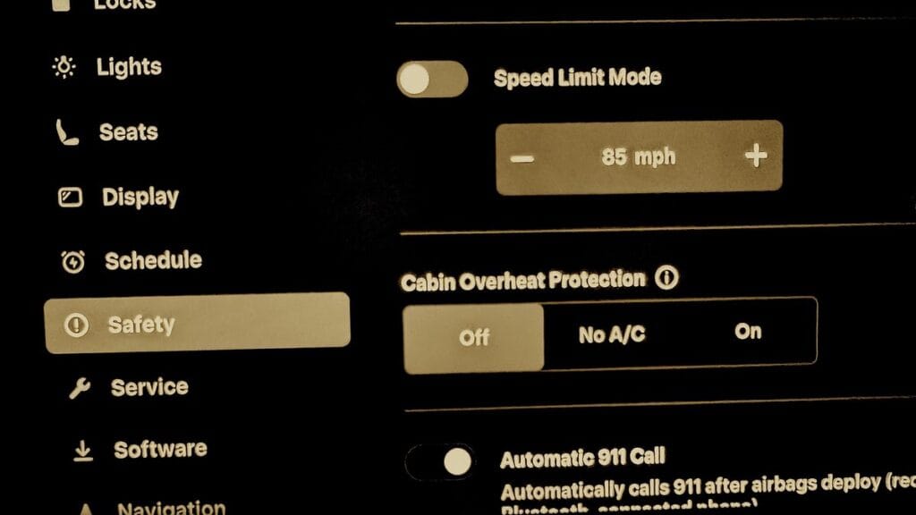 Tesla Cabin Overheat Protection setting on the Safety menu (Off / No A/C / On)