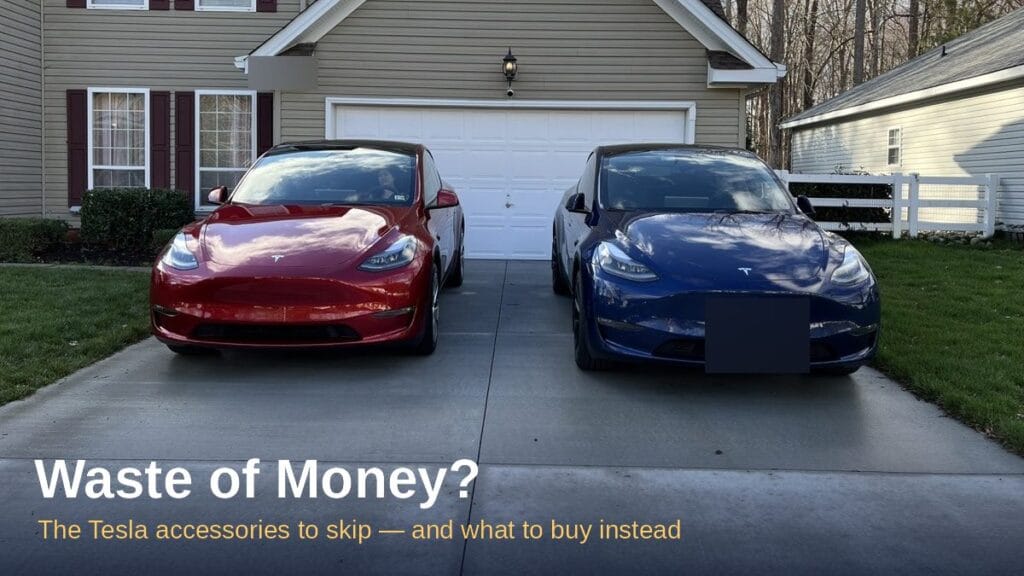 Two Tesla Model Ys in a driveway — the Tesla accessories that are a waste of money